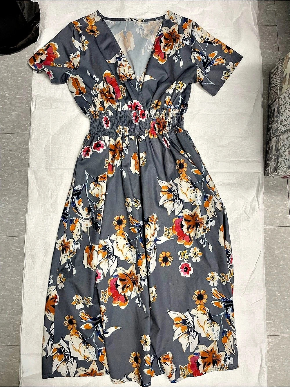 SHEIN Floral Maxi Dress Gray & Orange Small